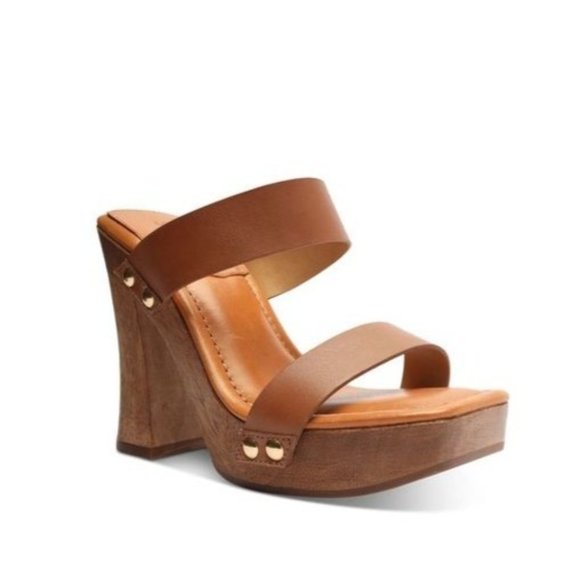 NWT Schutz Aryana Leather Wooden Heel Platform Square Toe Sandals Tan Brown 9.5
